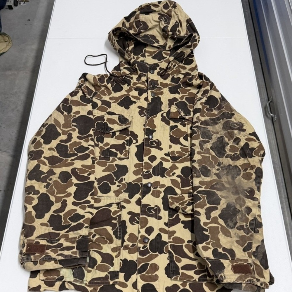 Black Sheep Camo Field Jacket Mens L Brown Tan Good Hooded Duck Hunter Parka